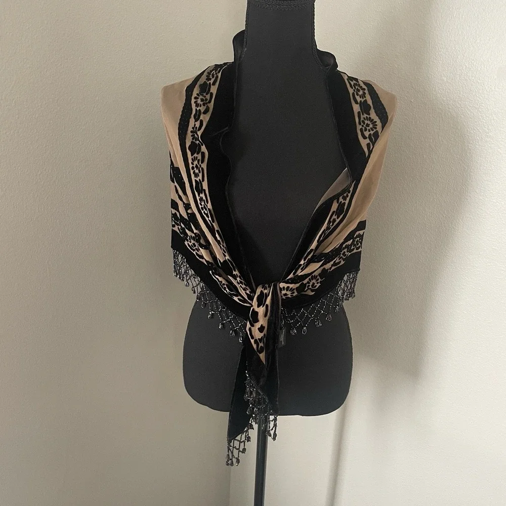 Silk Velvet Burnout Devore Triangle Shawl Scarf Wrap Beaded Fringe Floral Boho
